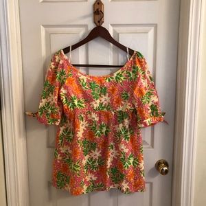 Lilly Pulitzer Peasant Tie Sleeve Top Wide neck 14